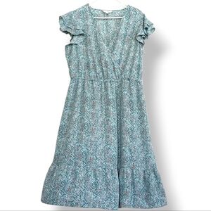 LC Lauren Conrad Aqua Blue Ditsy Floral Midi Dress Sheer Ruffle Flowy Pastel 2x